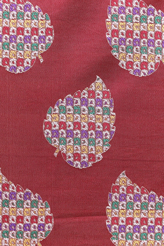 Maroon Leafy Silk Satin Jute Banarasi Jacquard Fabric