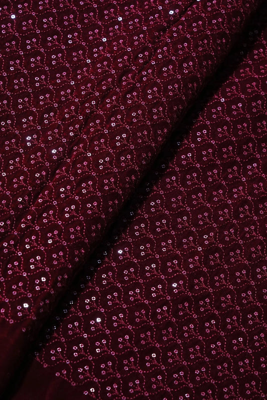 Maroon Thread With Sequins Small Ogee Embroidery Work On Maroon Velvet Fabric