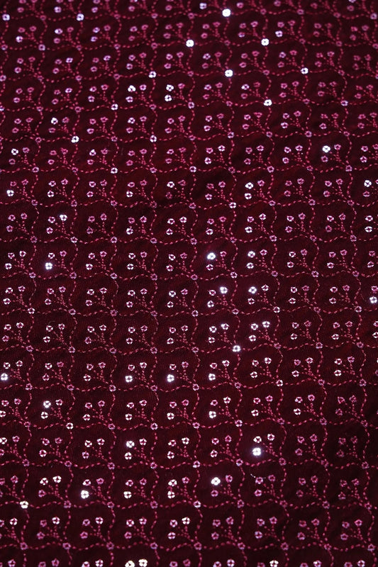 Maroon Thread With Sequins Small Ogee Embroidery Work On Maroon Velvet Fabric