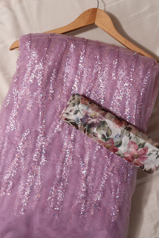 Mauve And White Saree set (2 Piece)