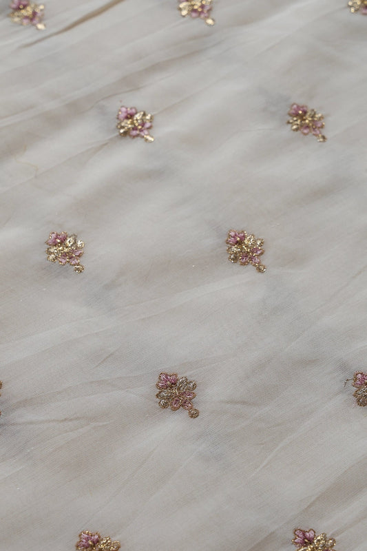 Mauve Thread With Gold Zari Small Floral Booti On Cream Chanderi Fabric