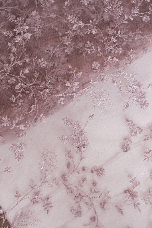 Mauve Thread With Sequins Beautiful Floral Embroidery Work On Mauve Soft Net Fabric