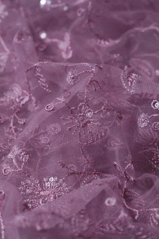 Mauve Thread With Water Sequins Floral Embroidery On Mauve Soft Net Fabric