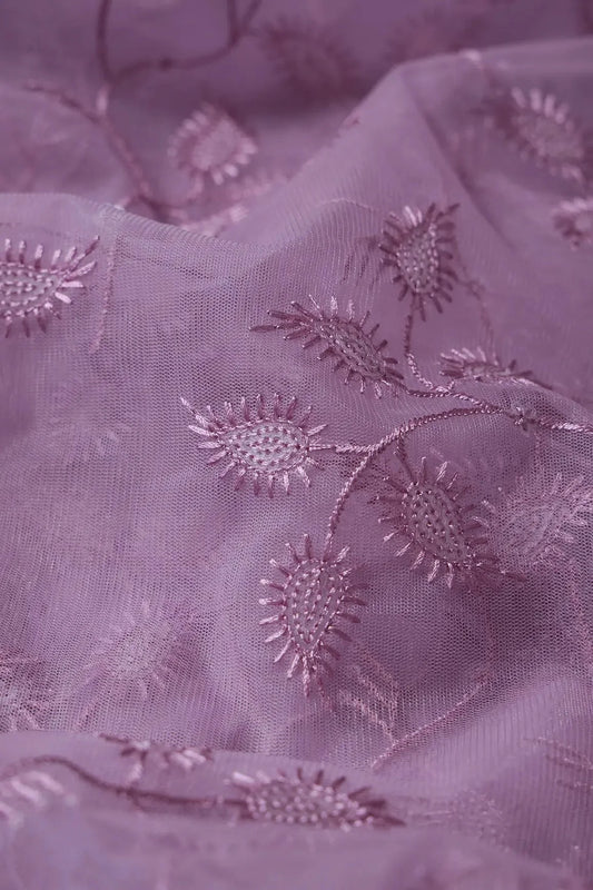Mauve Thread With Water Sequins Leafy Embroidery On Mauve Soft Net Fabric