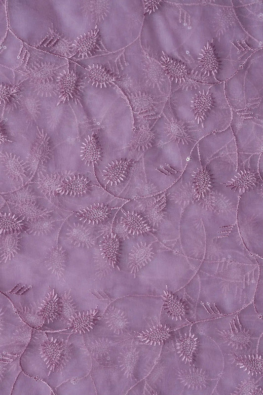 Mauve Thread With Water Sequins Leafy Embroidery On Mauve Soft Net Fabric