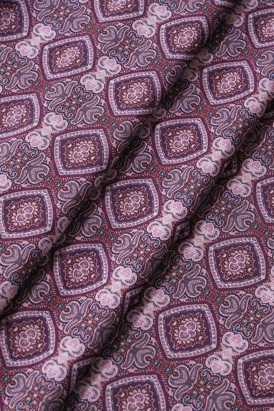 Mauve Traditional Pattern Digital Print On Wine French Crepe Fabric