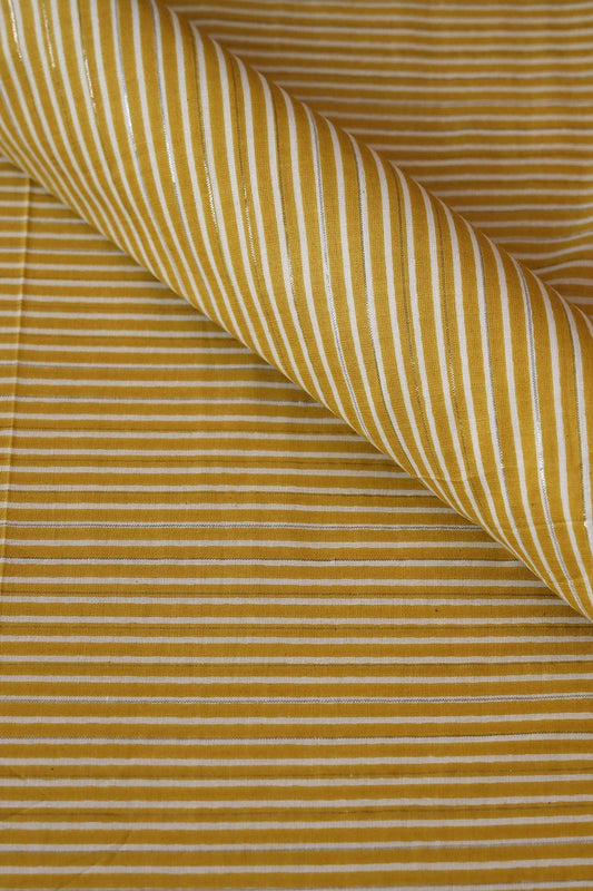 Mehendi Green And White Stripes Pattern Screen Print on Lurex organic Cotton Fabric