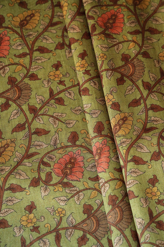 Mehendi Green Floral Pattern Digital Print On Mulberry Silk Fabric