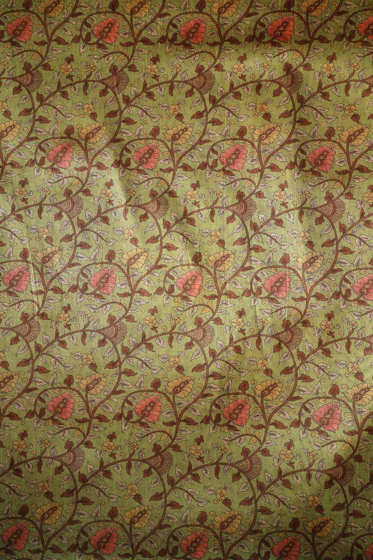 Mehendi Green Floral Pattern Digital Print On Mulberry Silk Fabric