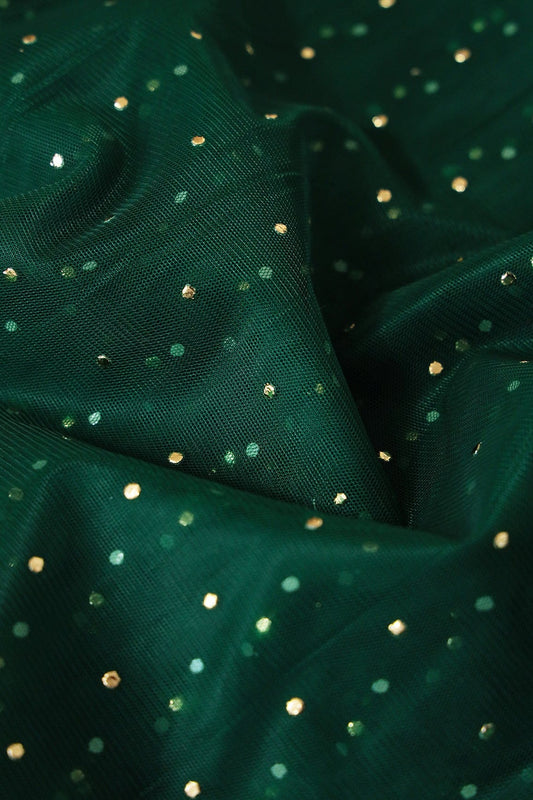 Mukaish Work On Bottle Green Soft Net Fabric