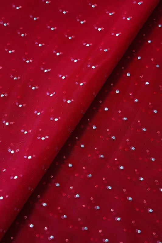 Mukaish Work On Red Soft Net Fabric