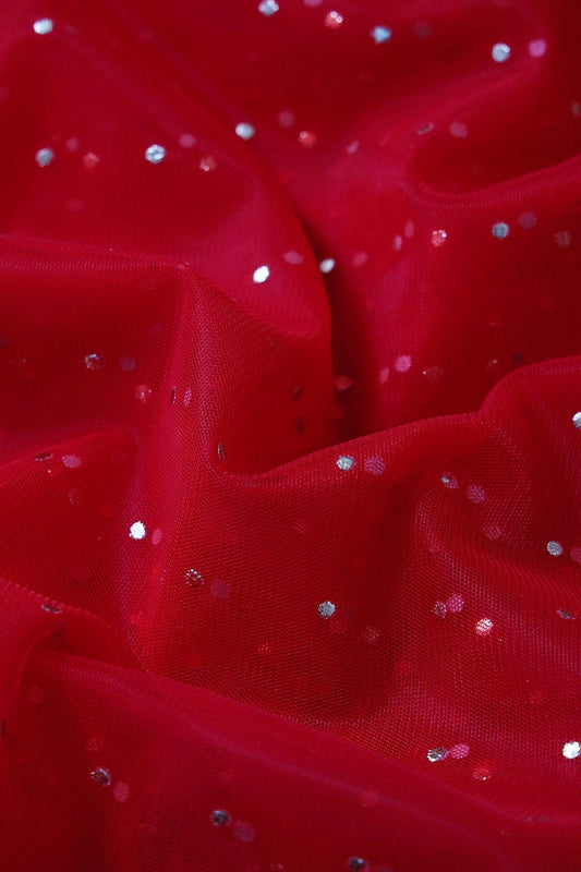 Mukaish Work On Red Soft Net Fabric