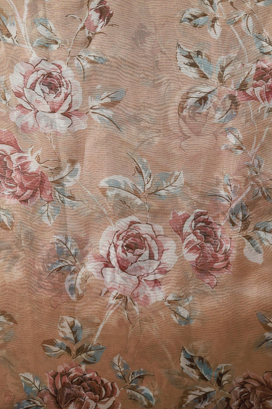 Multi Color Beautiful Floral Digital Print On Caramel Brown Organza Fabric