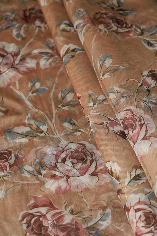 Multi Color Beautiful Floral Digital Print On Caramel Brown Organza Fabric