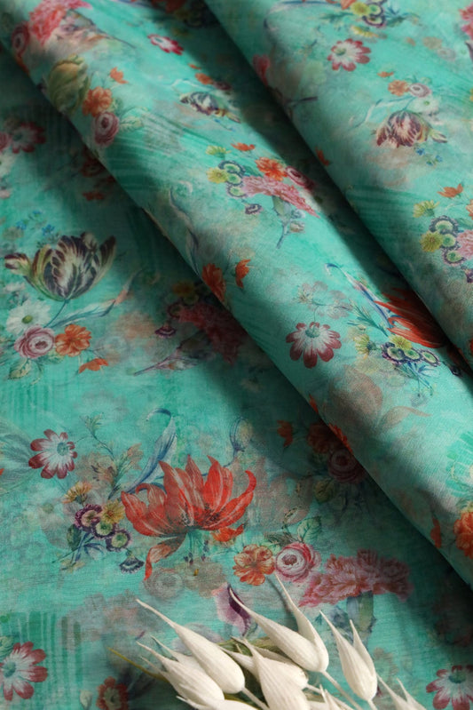 Multi Color Beautiful Floral Digital Print On Teal Organza Fabric