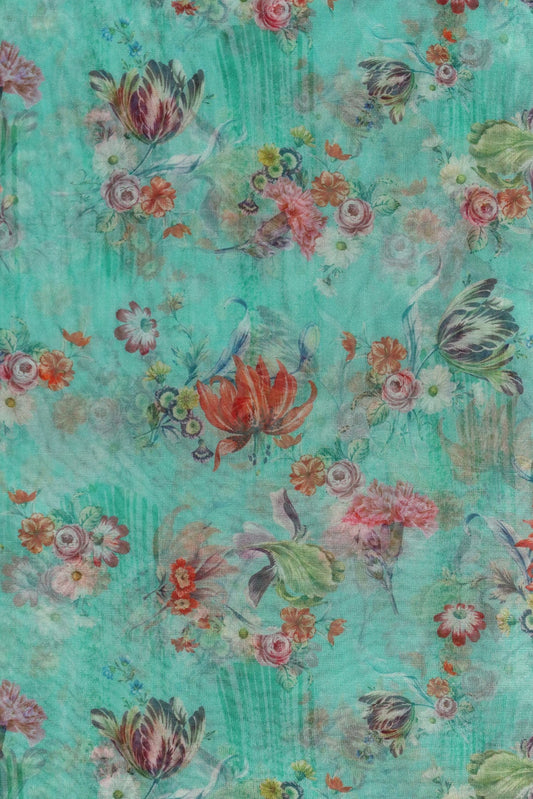 Multi Color Beautiful Floral Digital Print On Teal Organza Fabric