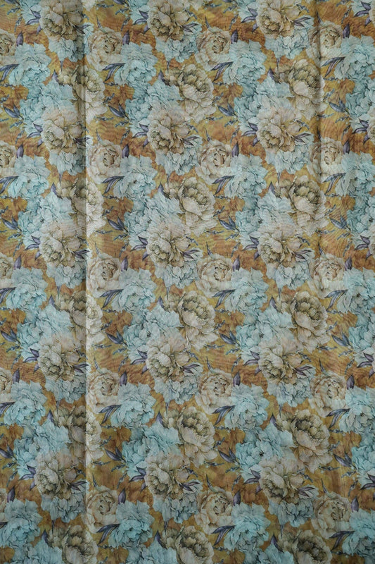 Multi Color Floral Digital Print On Light Brown Organza Fabric