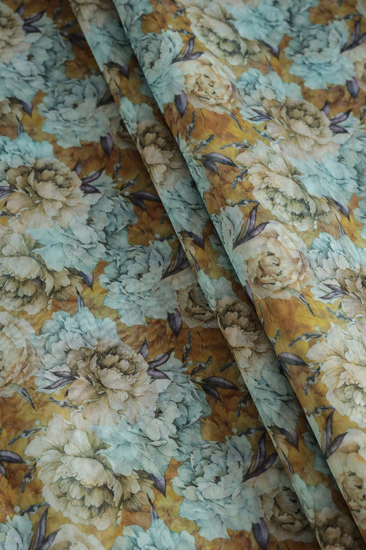 Multi Color Floral Digital Print On Light Brown Organza Fabric