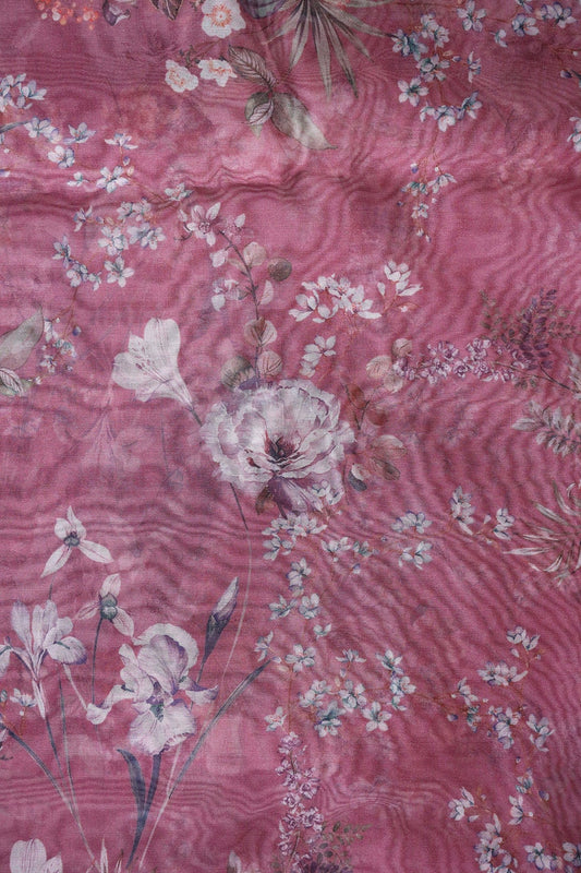 Multi Color Floral Digital Print On Maroon Organza Fabric