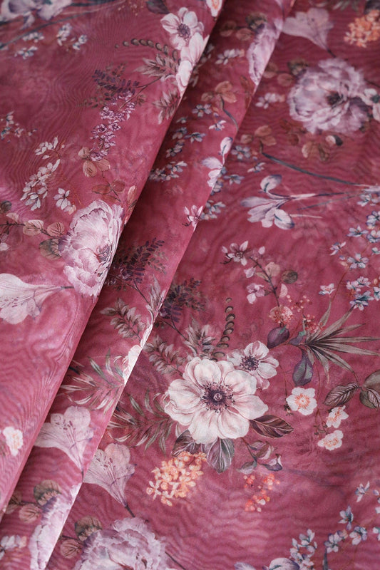 Multi Color Floral Digital Print On Maroon Organza Fabric