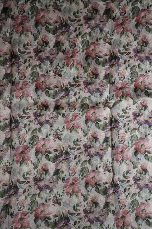 Multi Color Floral Digital Print On White Organza Fabric