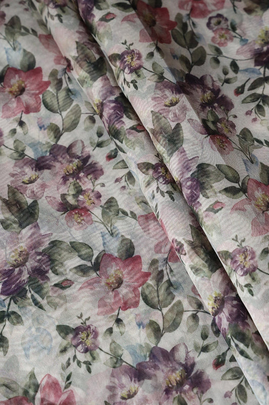 Multi Color Floral Digital Print On White Organza Fabric