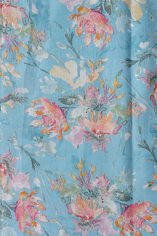 Multi Color Floral Foil Print On Sky Blue Viscose Chanderi Silk Fabric