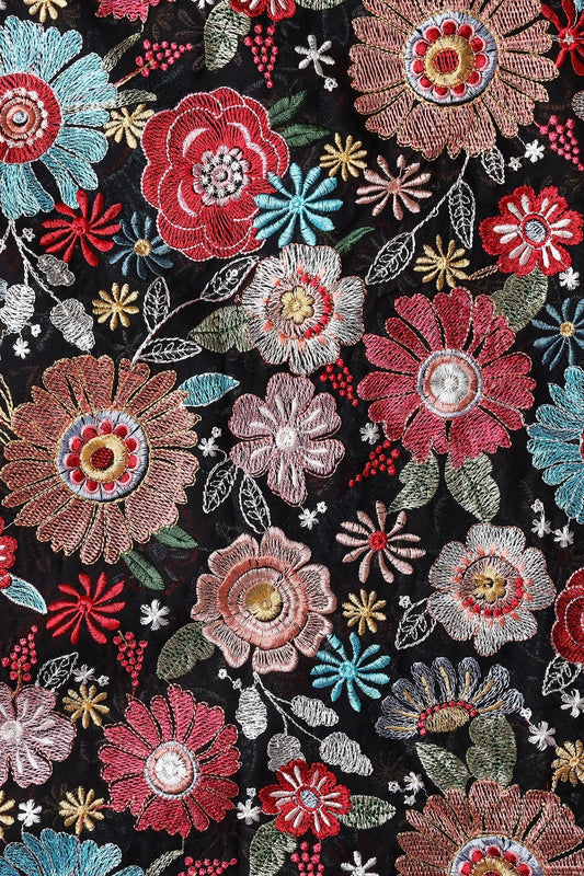 Multi Color Floral Heavy Embroidery On Black Viscose Georgette Fabric