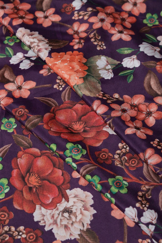 Multi Color Floral Pattern Digital Print On Purple Crepe Fabric