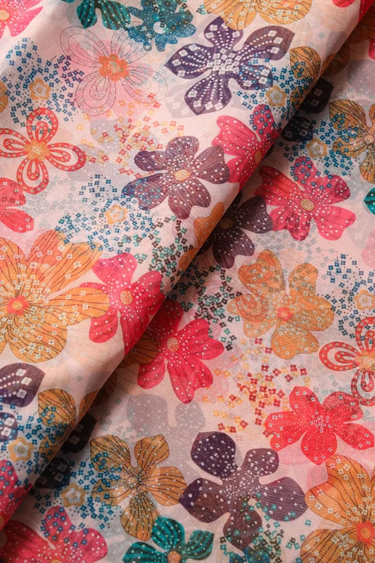 Multi Color Floral Pattern Digital Print On White Organza Fabric