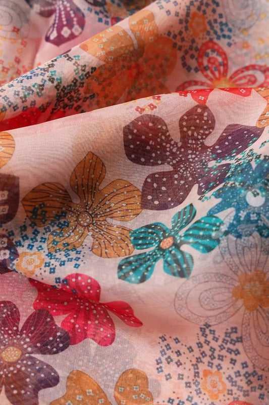 Multi Color Floral Pattern Digital Print On White Organza Fabric