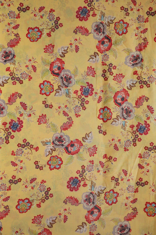 Multi Color Floral Pattern Digital Print On Yellow Crepe Fabric