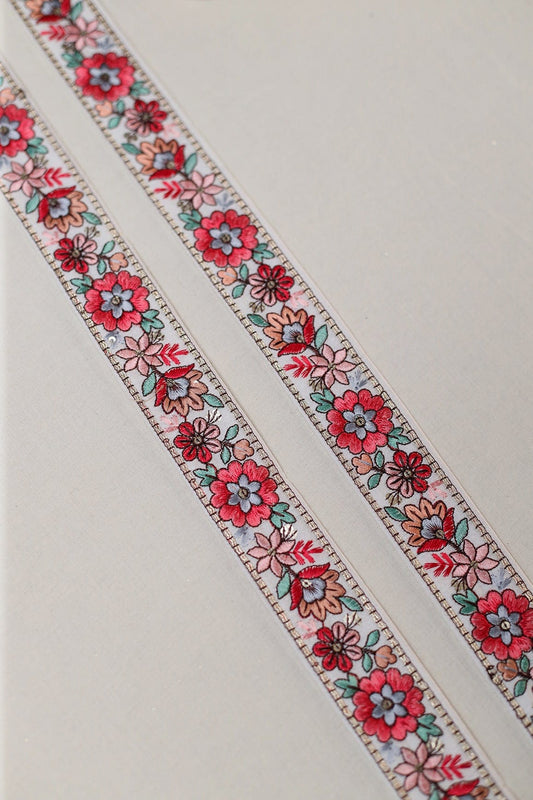 Multi Color Floral Thread Work With Gold Sequins White Embroidered Lace (9 Meters)