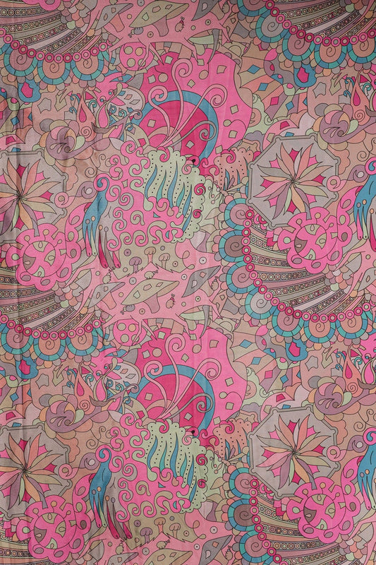 Multi Color Quirky Pattern Digital Print On Pink Crepe Fabric