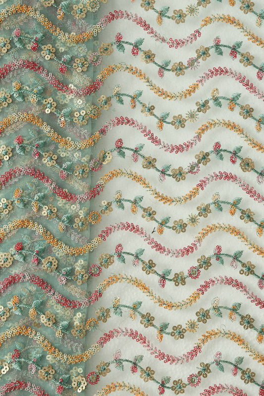 Multi Color Sequins Heavy Wavy Embroidery Work On Teal Soft Net Fabric