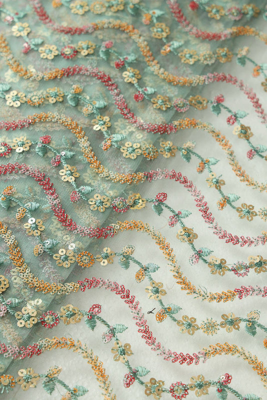 Multi Color Sequins Heavy Wavy Embroidery Work On Teal Soft Net Fabric