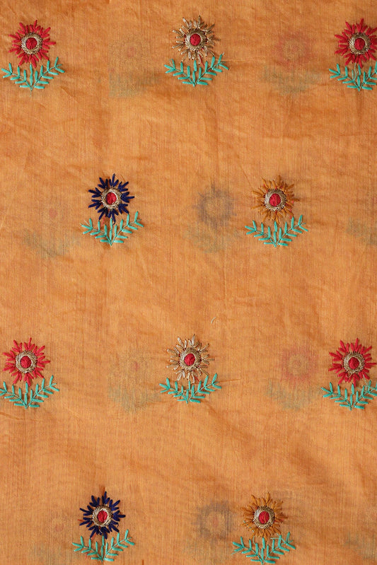 Multi Color Sun Flower Zari Embroidery On Peach Chanderi Fabric