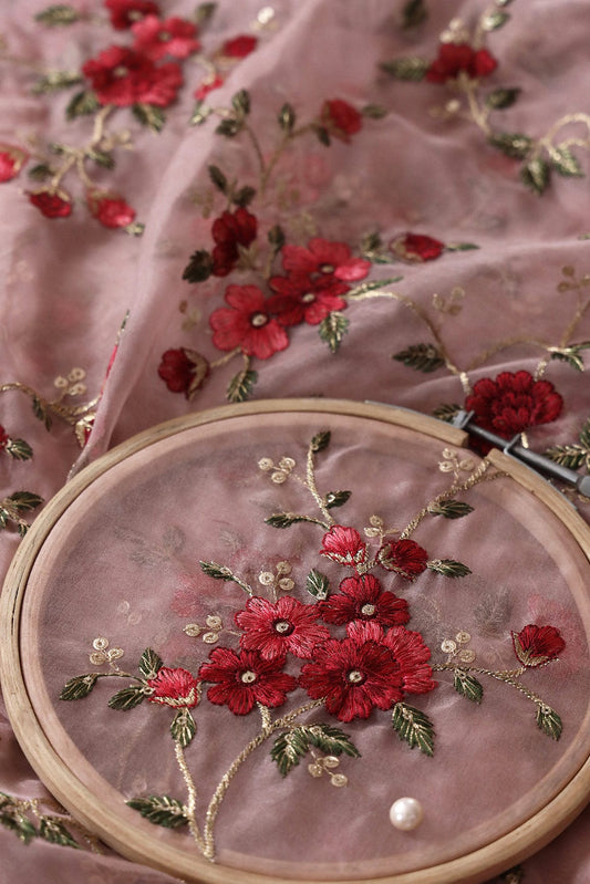 Multi Color Thread Floral Embroidery Work On Salmon Pink Organza Fabric