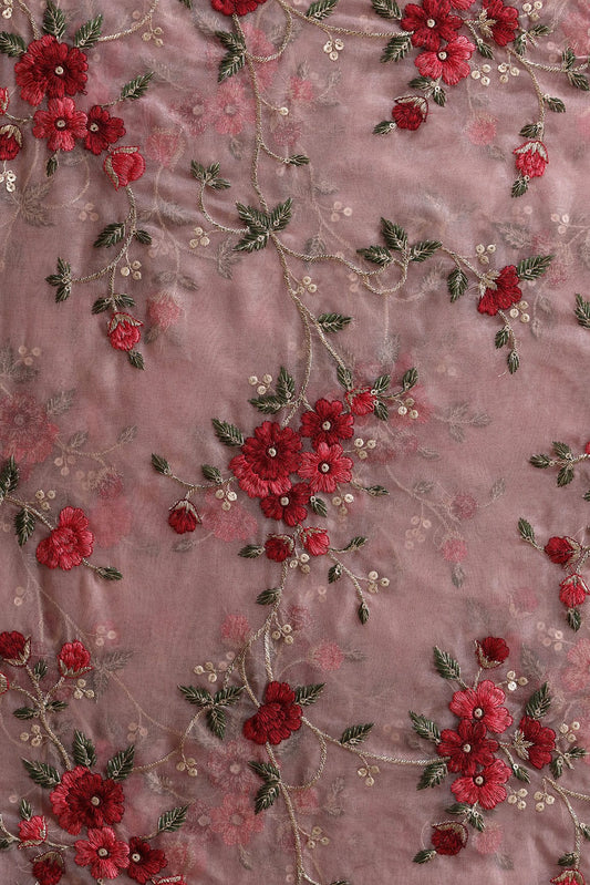 Multi Color Thread Floral Embroidery Work On Salmon Pink Organza Fabric