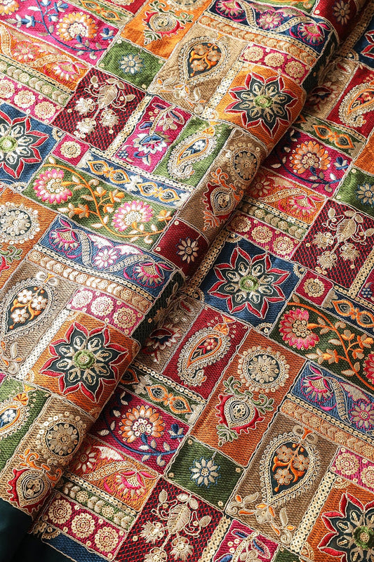 Multi Color Thread With Gold Sequins Traditional Embroidery On Rama Viscose Georgette Fabric