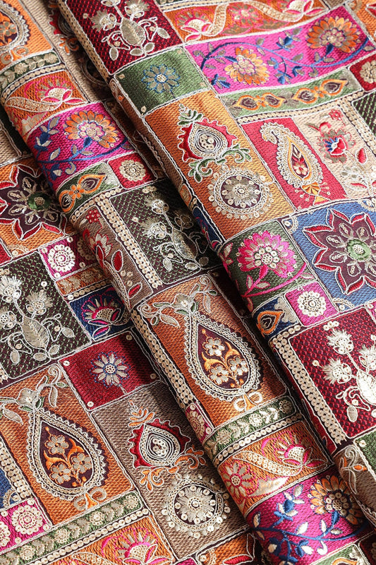 Multi Color Thread With Gold Sequins Traditional Embroidery On Wine Viscose Georgette Fabric