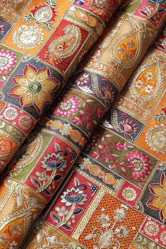 Multi Color Thread With Gold Sequins Traditional Embroidery On Yellow Viscose Georgette Fabric