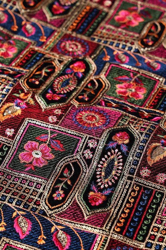 Multi Color Thread With Gold Sequins Traditional Heavy Embroidery Work On Black Velvet Fabric