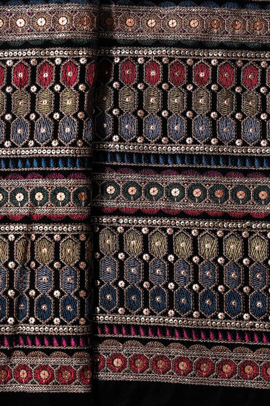 Multi Color Thread With Gold Sequins Traditional Stripes Embroidery Work On Black Velvet Fabric