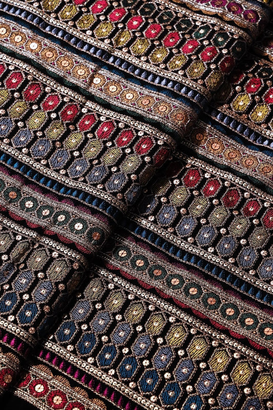 Multi Color Thread With Gold Sequins Traditional Stripes Embroidery Work On Black Velvet Fabric
