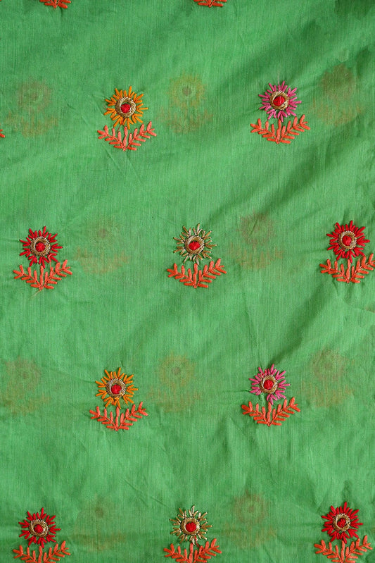 Multi Color Thread With Gold Zari Floral Embroidery Work On Green Chanderi Fabric