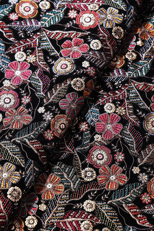 Multi Color Thread With Gold Zari With Sequins Floral Heavy Embroidery Work On Black Velvet Fabric