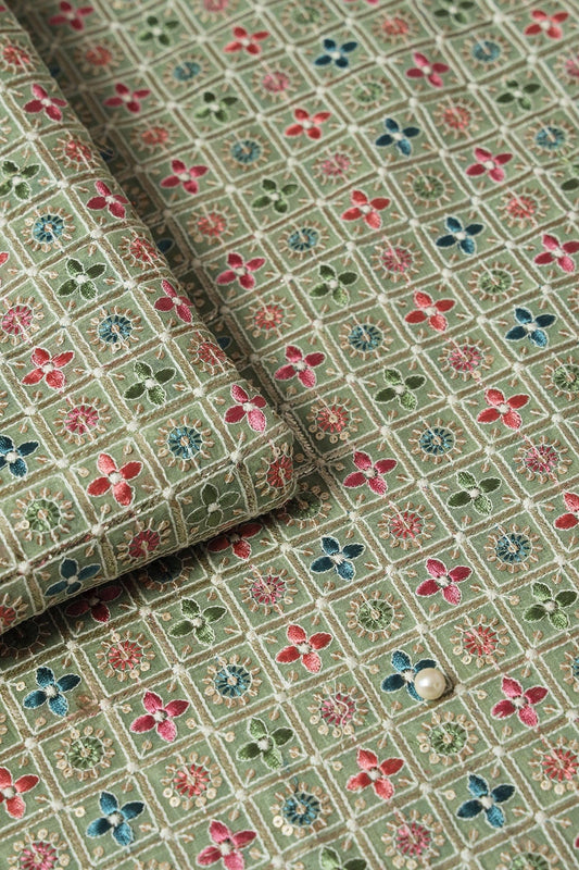 Multi Color Thread With Sequin Small Checks Embroidery On Olive Viscose Georgette Fabric