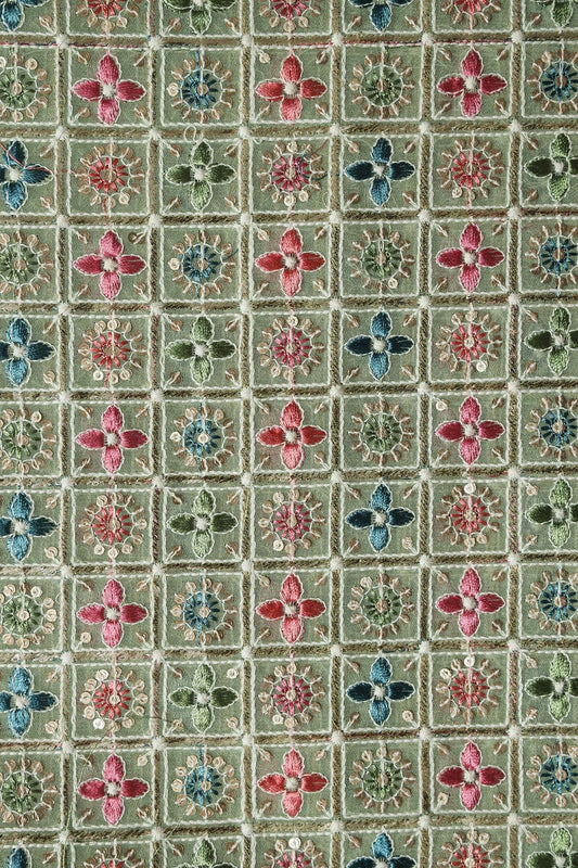 Multi Color Thread With Sequin Small Checks Embroidery On Olive Viscose Georgette Fabric