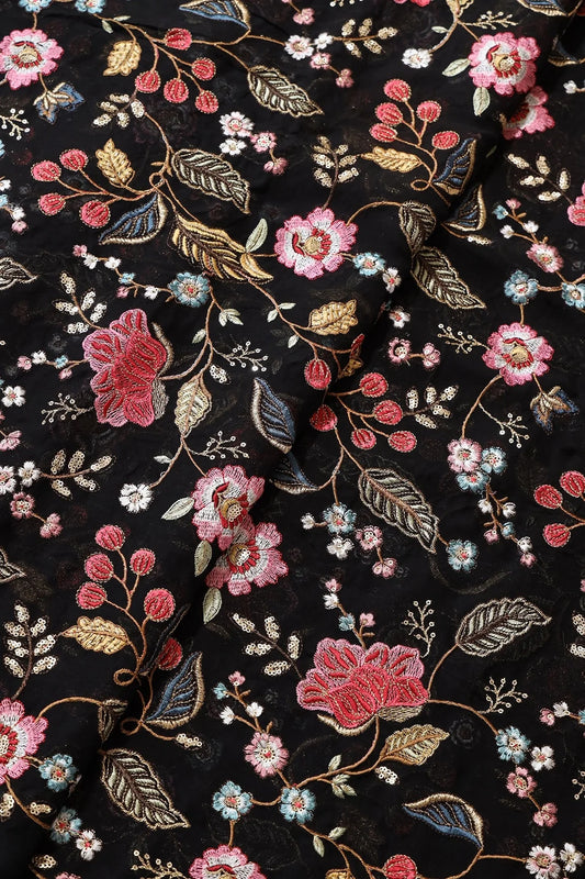 Multi Color Thread With Sequins Floral Heavy Embroidery On Black Viscose Georgette Fabric